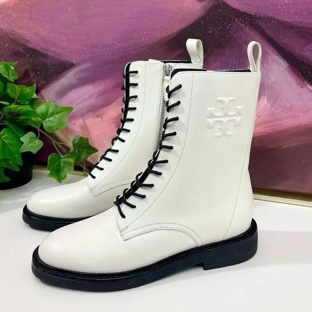 NWOB Tory Burch Double-T Croc Embossed Combat Boot in Blanc Size 7.5